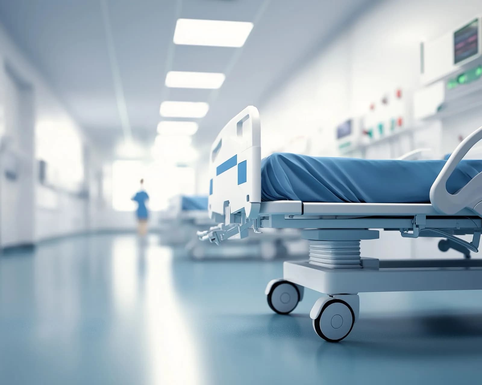 Bright hospital corridor with a patient bed