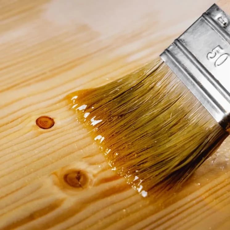 Brush applying varnish to pine wood