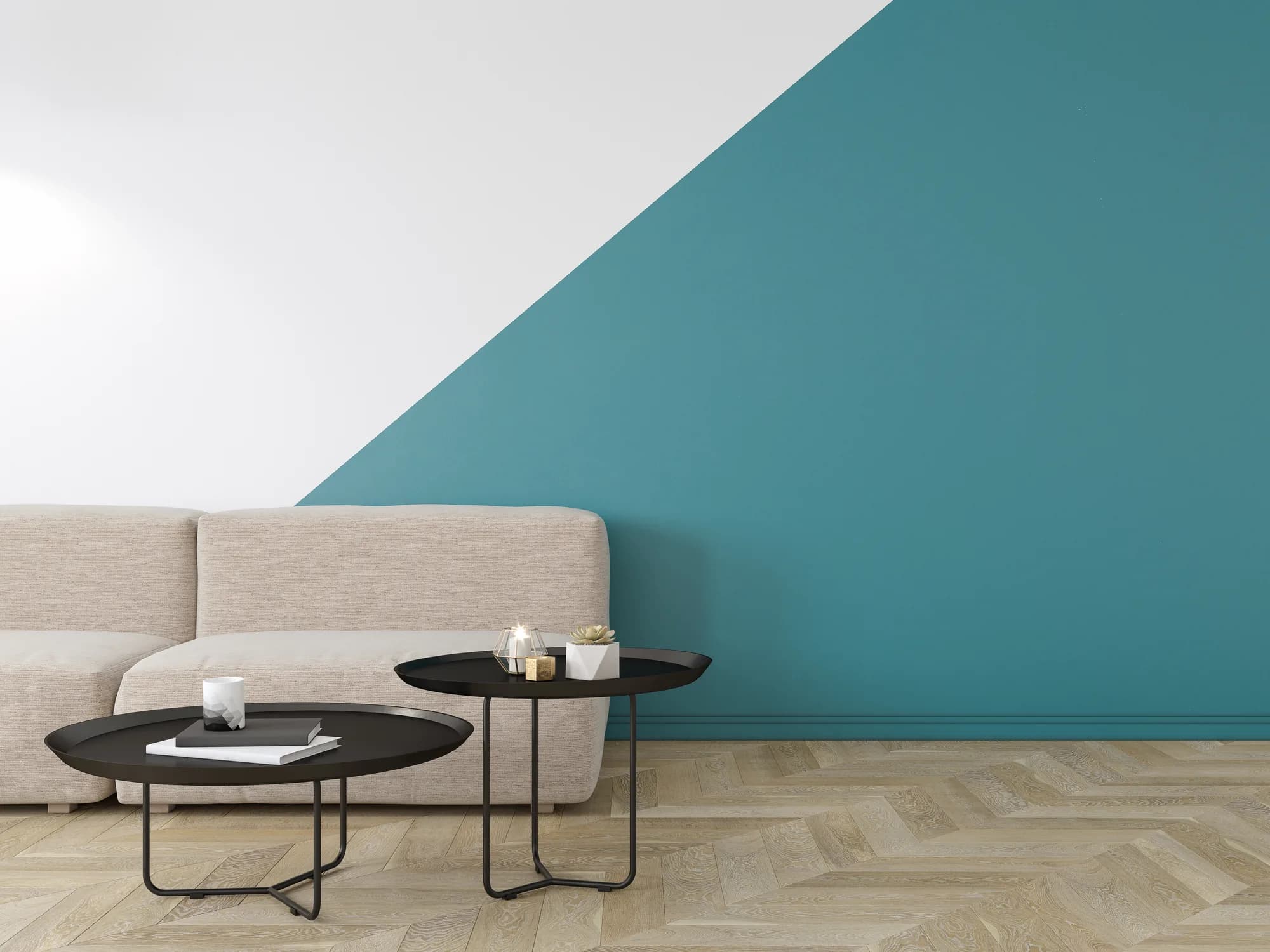 Living room with a teal accent wall