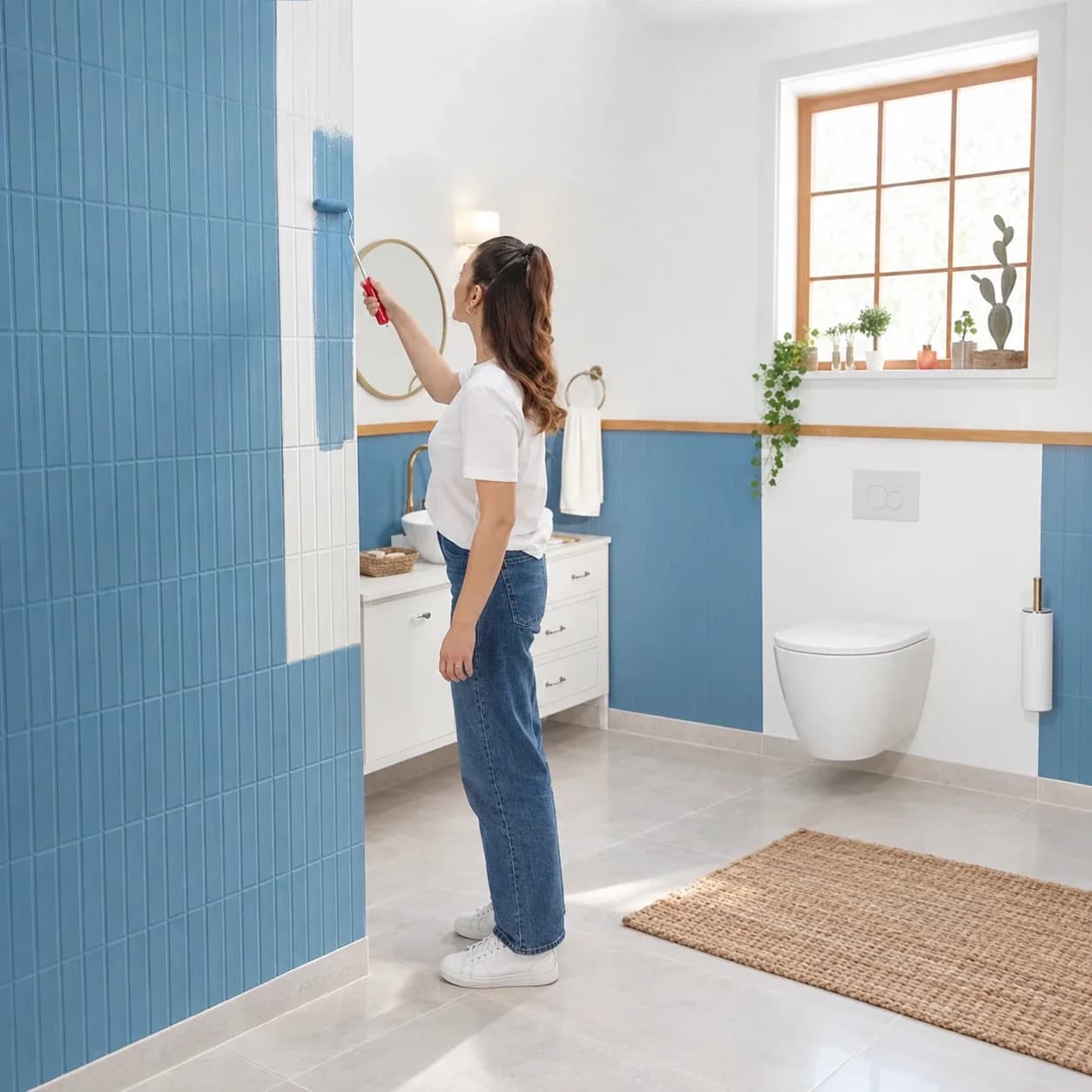 A woman painting bathroom tiles blue with Aqua Reno