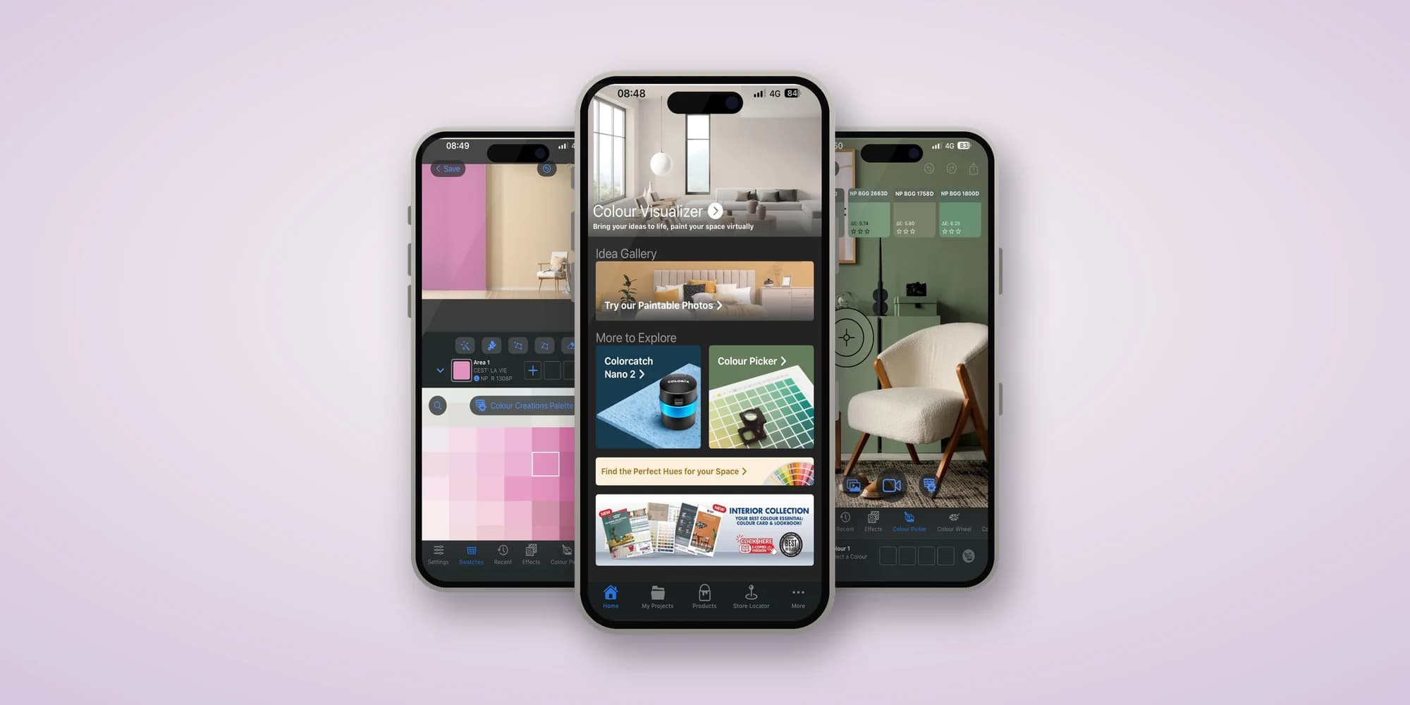 The Nippon Paint i-Colour app on three iPhones: colour visualizer, home screen and colour picker