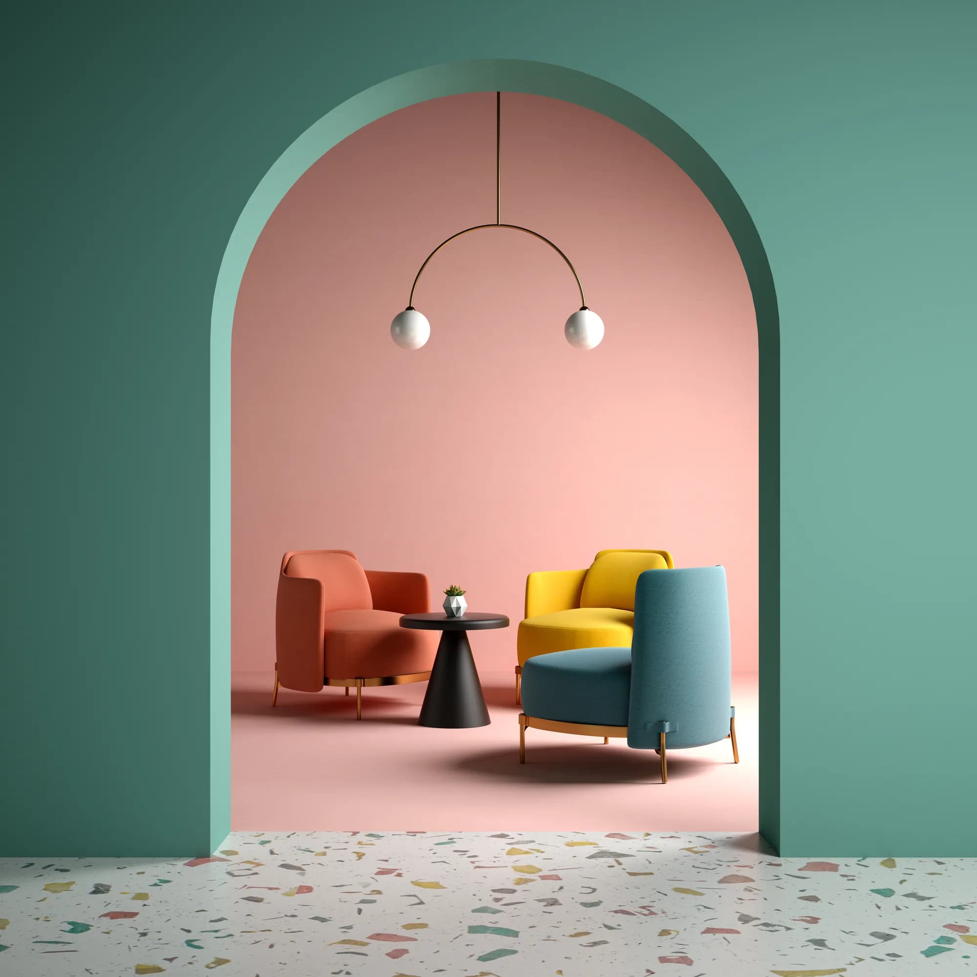 Colorful room seen through a teal arch