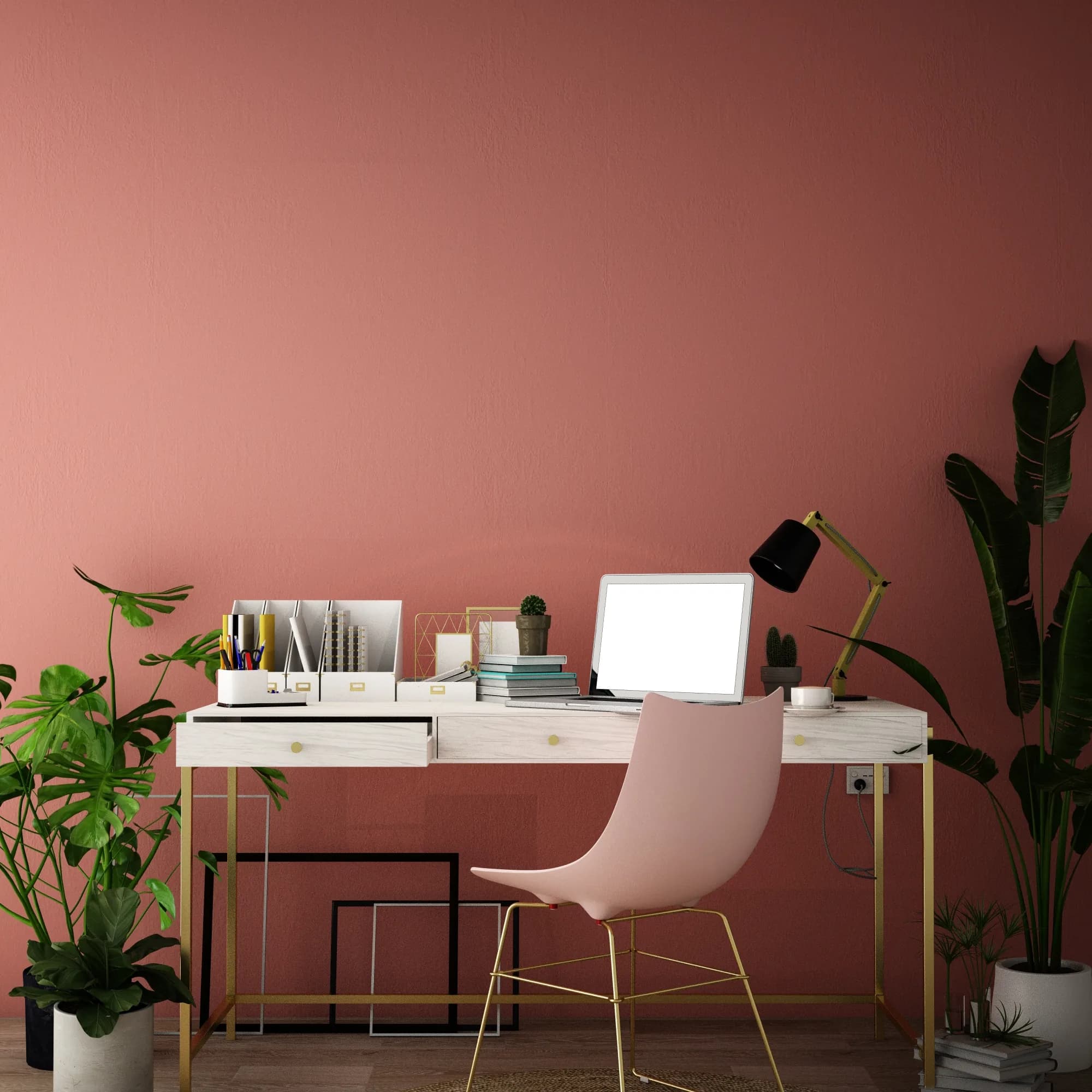 Home office with a rose-pink painted wall