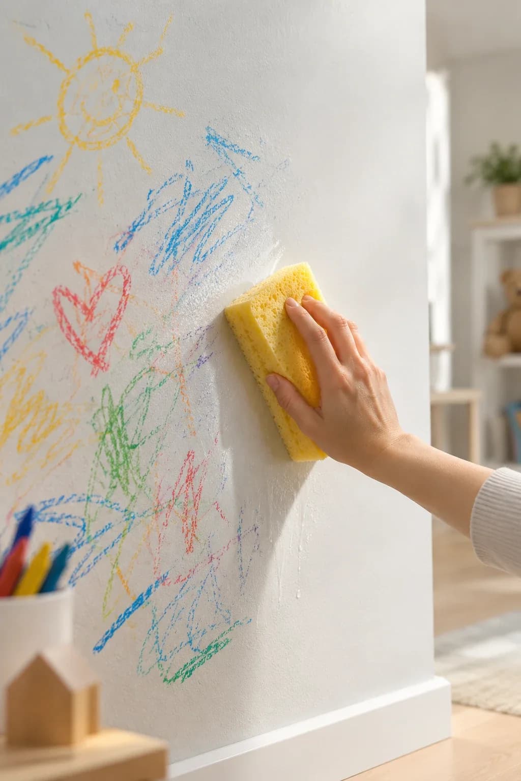 Crayon drawings being wiped off a white wall with a sponge