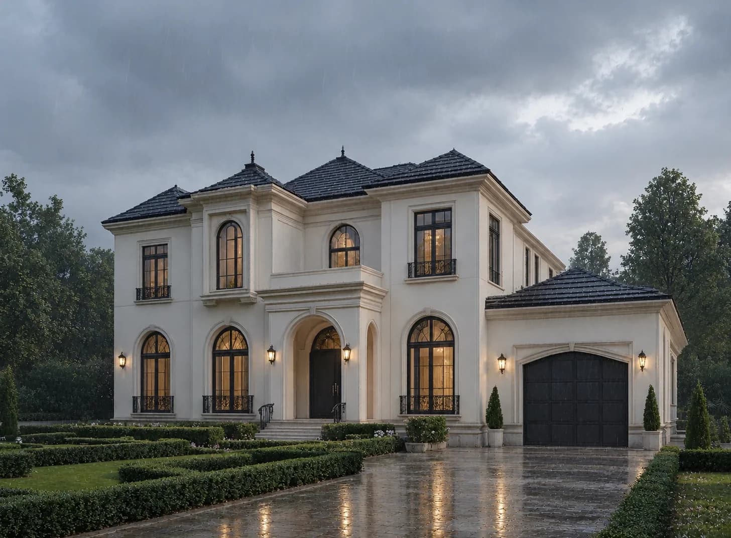 The same villa in heavy rain, its facade still clean and bright